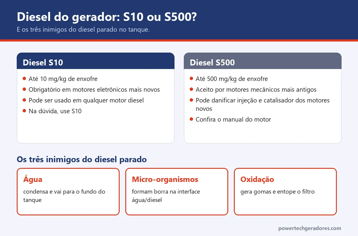 Comparativo entre diesel S10 e S500 para gerador e os três inimigos do diesel parado: água, micro-organismos e oxidação