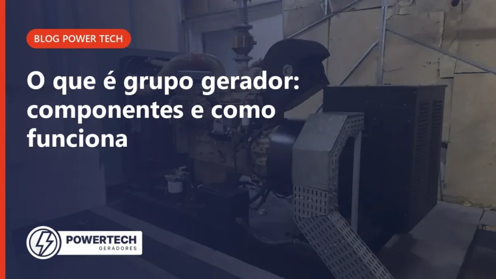Grupo gerador a diesel aberto para manutenção, com motor e alternador à mostra