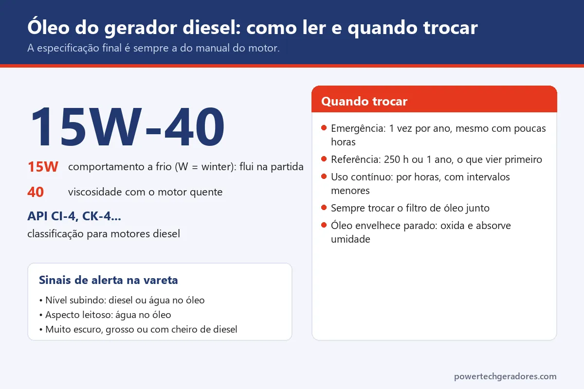 Explicação do óleo 15W-40 para gerador diesel, intervalos de troca e sinais de alerta na vareta